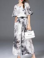Shein Grey Belted Ruffle Ink Print Top With Pants