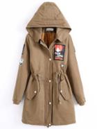 Shein Khaki Hooded Embroidered Patch Drawstring Sherpa Lined Coat