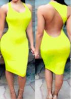 Rosewe Knee Length Open Back Yellow Bodycon Dress