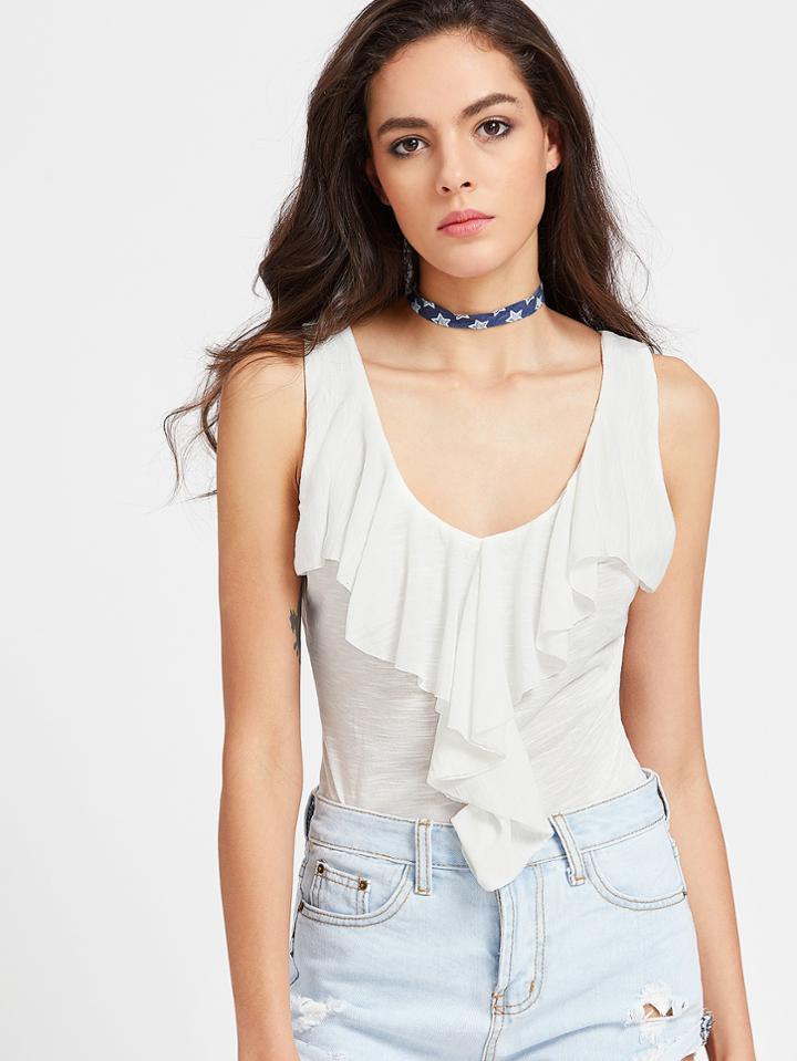 Shein Flounce Trim Double Scoop Slub Tank Top