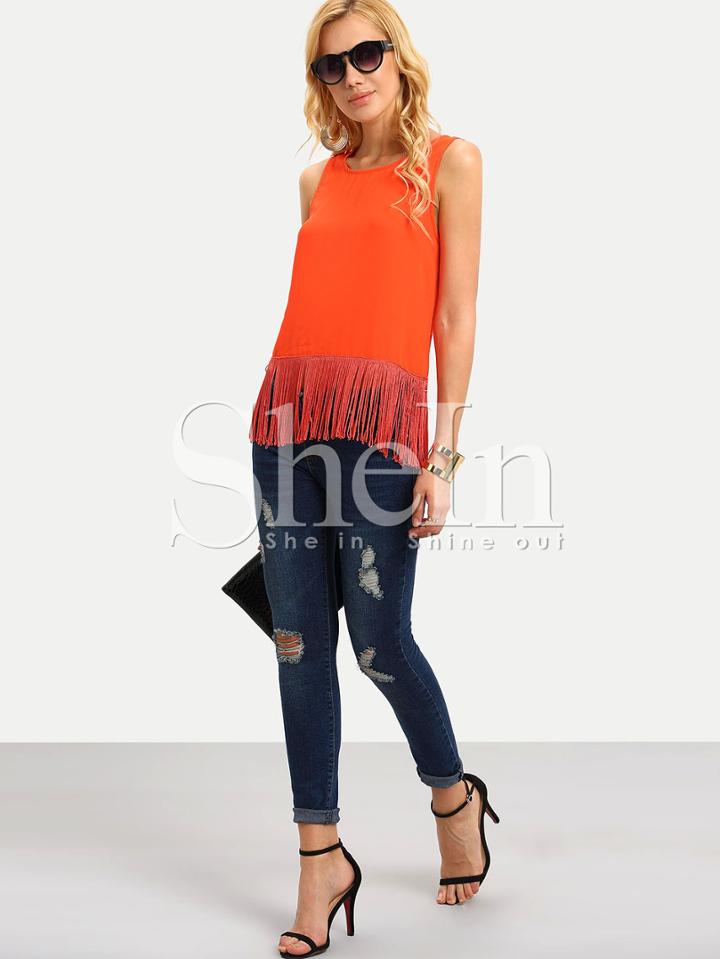 Shein Orange Red Sleeveless Tassel T-shirt