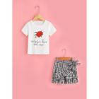 Shein Girls Rose And Letter Print Tee With Ruffle Hem Gingham Shorts