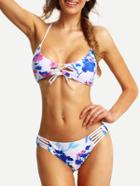 Shein Flower Print Lace-up Ladder-cutout Bikini Set