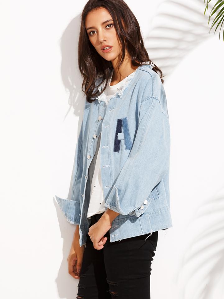 Shein Blue Letter Patch Frayed Boyfriend Denim Jacket