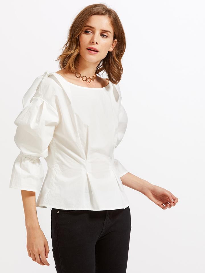 Shein Bow Embellished Shoulder Fold Pleat Blouse