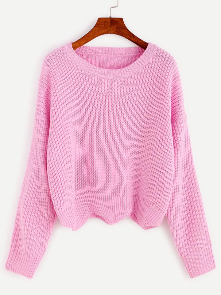 Shein Pink Wave Hem Drop Shoulder Knit Sweater