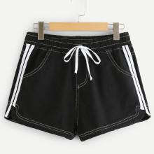 Shein Contrast Stitch And Striped Curved Hem Denim Shorts