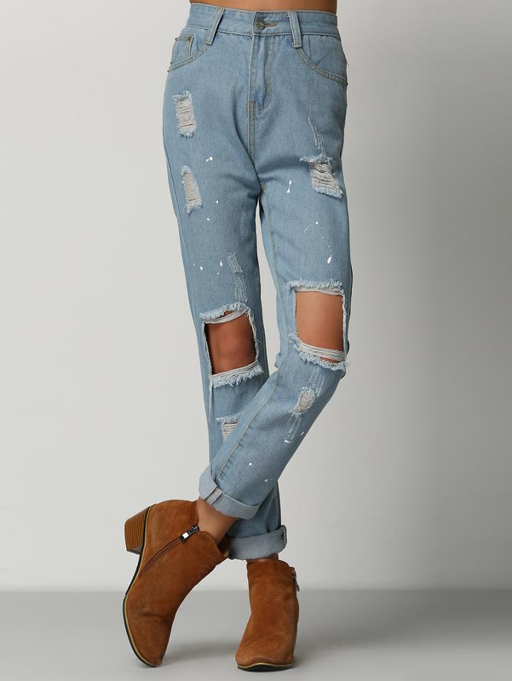 Shein Light Blue Ripped Denim Loose Pant