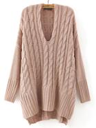 Shein Pink V Neck Cable-knit Loose Sweater