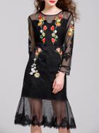 Shein Black Sheer Gauze Embroidered Shift Dress
