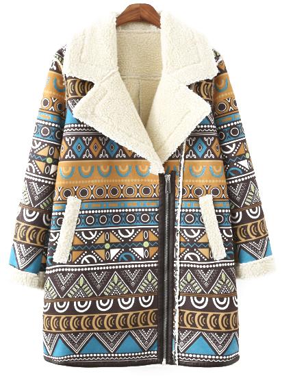 Shein Colour Lapel Zipper Geometric Print Coat