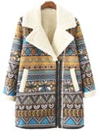 Shein Colour Lapel Zipper Geometric Print Coat