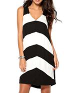 Shein Black And White V Neck Striped Shift Dress