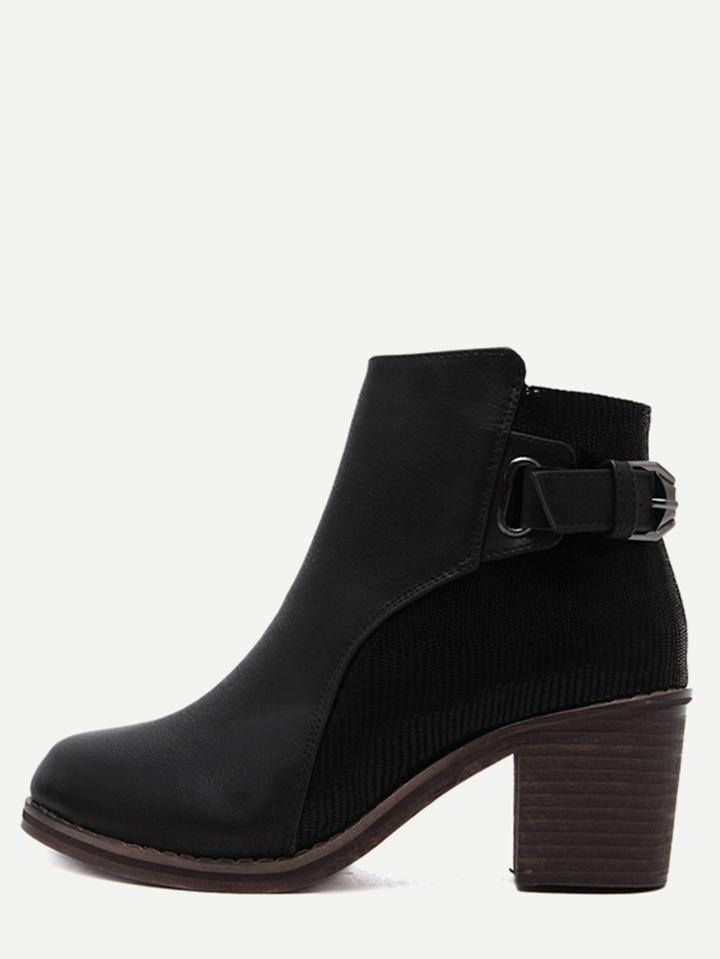 Shein Black Sneakerskin Leather Embellished Buckle Strap Cork Heel Booties