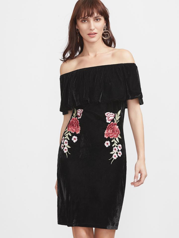 Shein Off Shoulder Flower Embroidered Velvet Dress