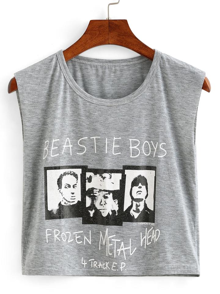 Shein Portrait Photo Print Crop Tank Top - Grey