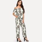 Shein Graphic Print Off-shoulder Top With Wide Leg Pants