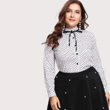 Shein Plus Frill Trim Bow Tie Detail Spot Shirt