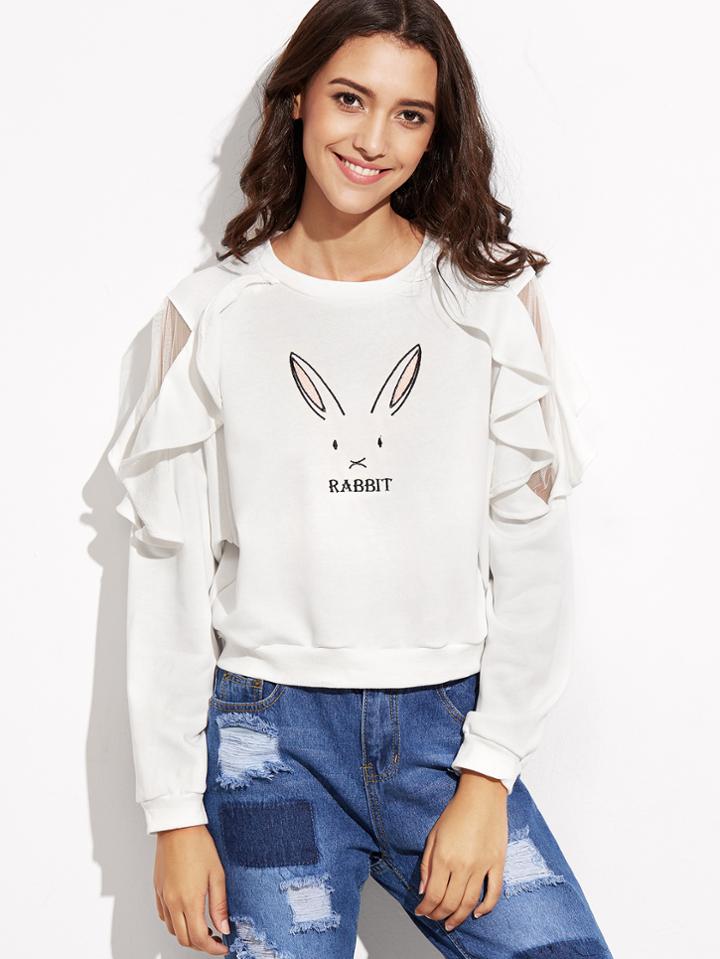 Shein White Rabbit Print Mesh Insert Ruffle Trim Sweatshirt