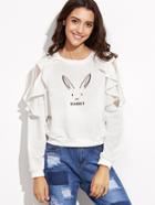 Shein White Rabbit Print Mesh Insert Ruffle Trim Sweatshirt