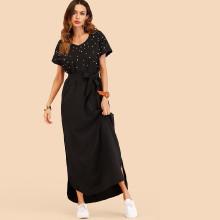 Shein Pearl Beaded Detail Tie Waist Dress