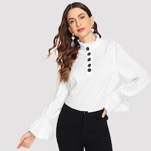 Shein Ruffle Detail Button Bell Sleeve Top