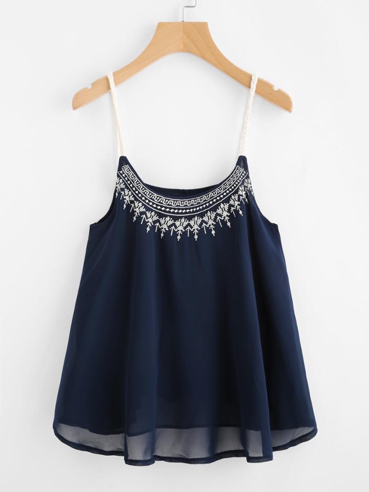 Shein Contrast Braided Strap Embroidered Cami Top