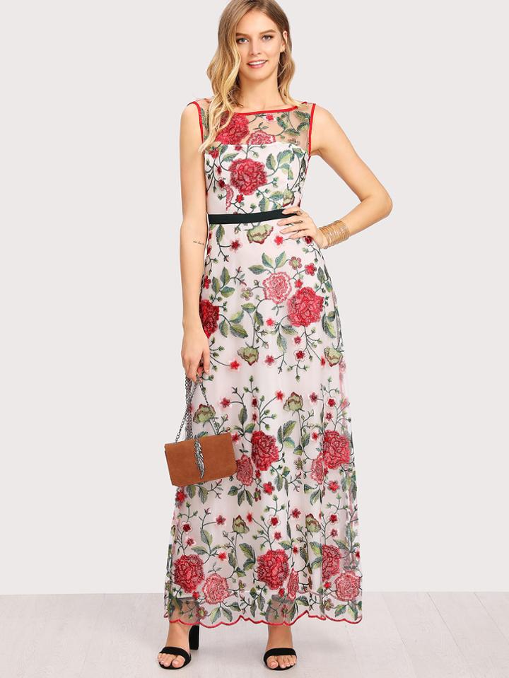 Shein Floral Embroidered Open Back Dress
