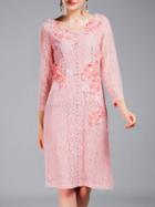 Shein Pink V Neck Flowers Applique Lace Dress