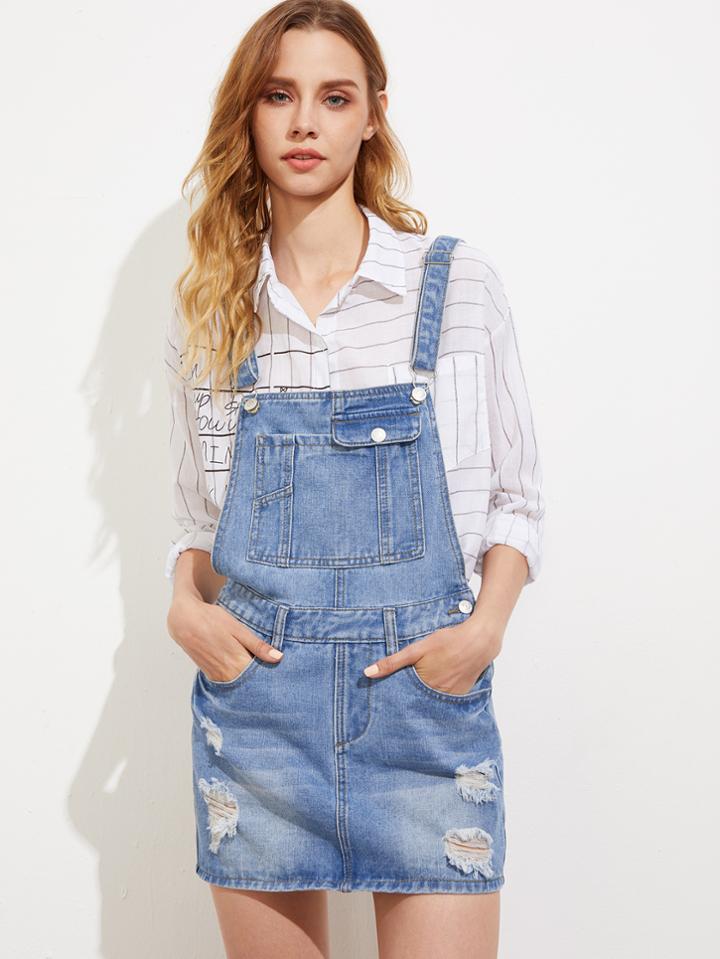 Shein Bleach Wash Ripped Denim Overall Dress