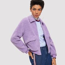 Shein Zip & Pocket Up Collar Neck Teddy Outerwear
