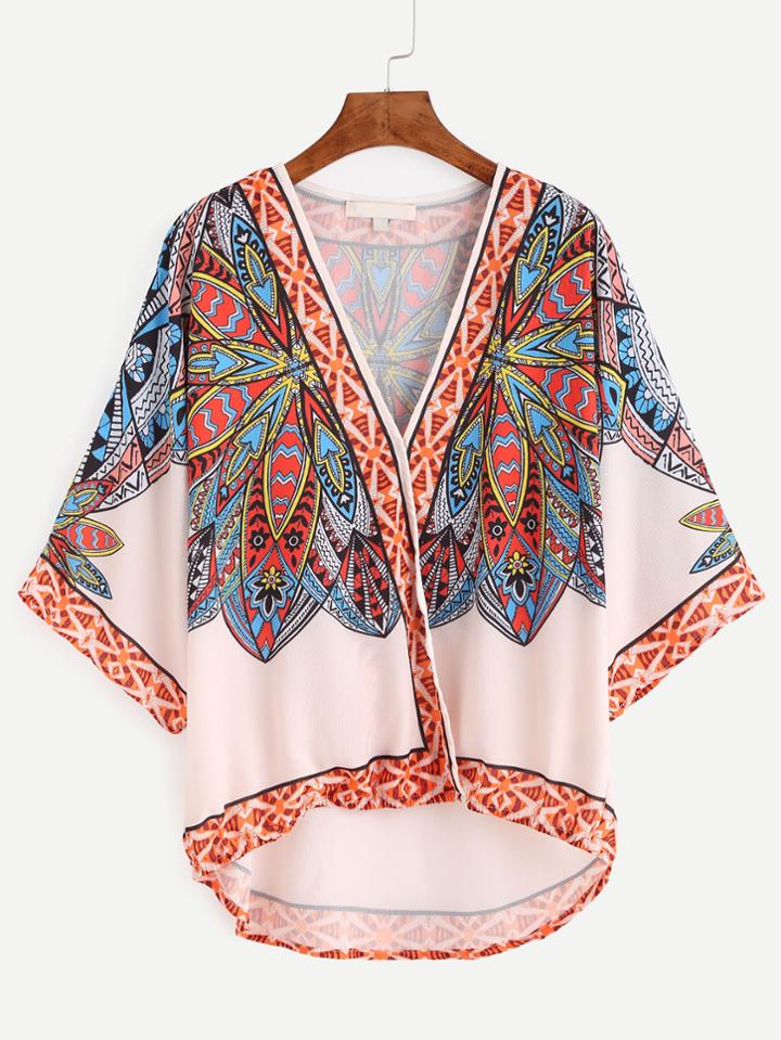 Shein Pink V Neck Tribal Print Wrap Dip Hem Blouse