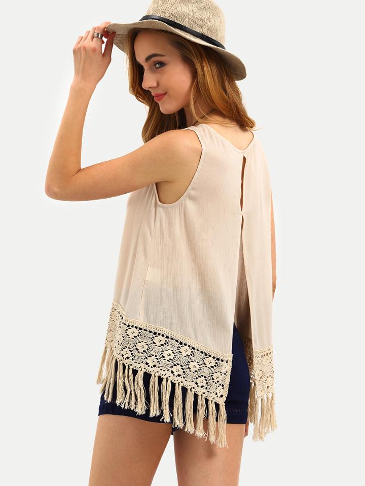 Shein Apricot Sleeveless Tassel Split Back Blouse