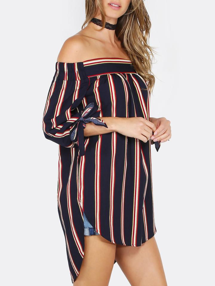 Shein Striped Bow Tie Top Navy