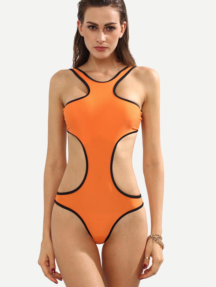 Shein Orange Contrast Trim Cutout Monokini