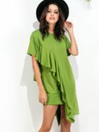 Shein Green Ruffle Trim Asymmetric Hem Tee Dress