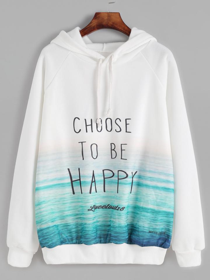 Shein White Slogan Print Raglan Sleeve Hooded Sweatshirt