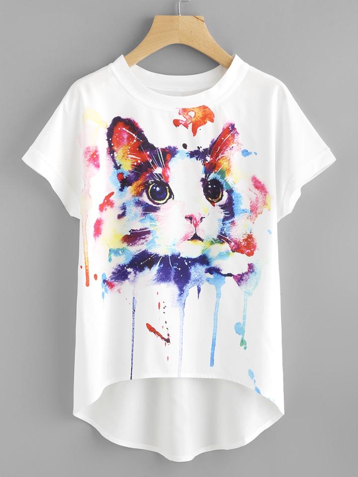 Shein Watercolor Cat Print Batwing Sleeve Dip Hem Top