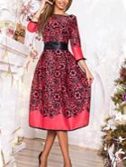 Shein Flower Print Bow Tie Waist Red Dress