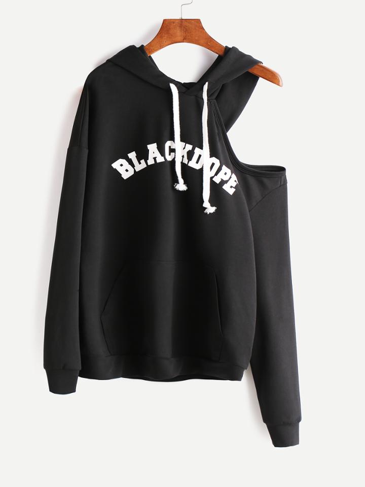 Shein Letter Print Cutout Shoulder Hooded Pocket Front Sweatshirt