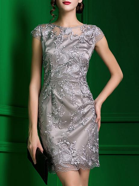 Shein Grey Cap Sleeve Gauze Embroidered Sheath Dress