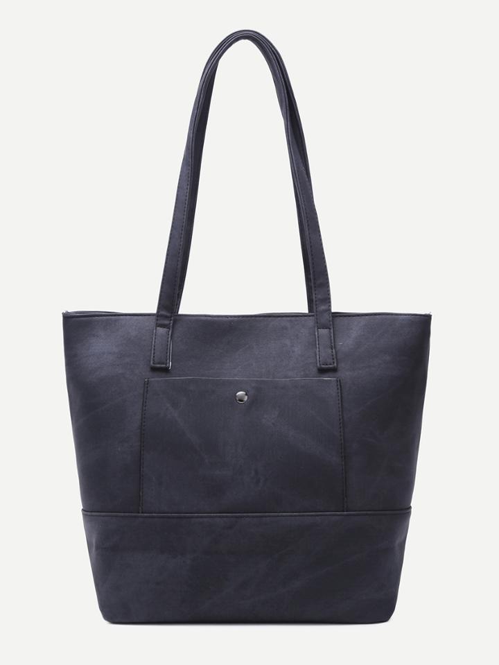 Shein Black Layered Faux Leather Pocket Front Tote Bag