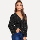 Shein Bell Sleeve Knot Front Dot Print Blouse