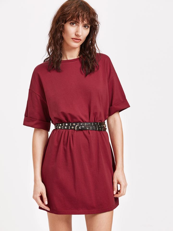 Shein Wind Red Drop Shoulder Roll Cuff Tee Dress