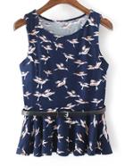 Shein Navy Bird Print Ruffle Tank Top With Belt