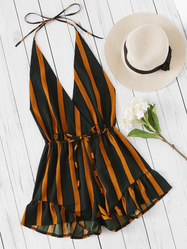 Shein Plunging V-neckline Striped Surplice Frill Romper