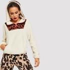 Shein Contrast Leopard Quarter Zip Teddy Hooded Jacket