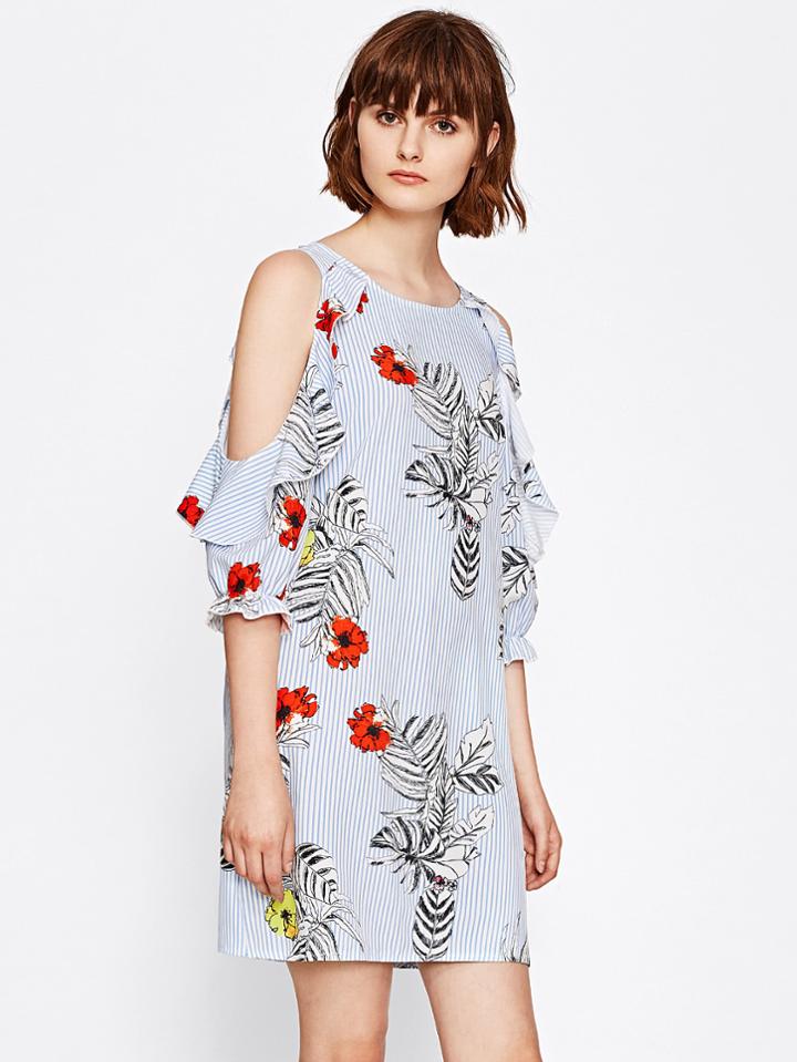 Shein Random Printed Open Shoulder Frill Dress