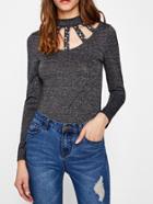 Shein Pearl Beaded Caged Neck Marled Top