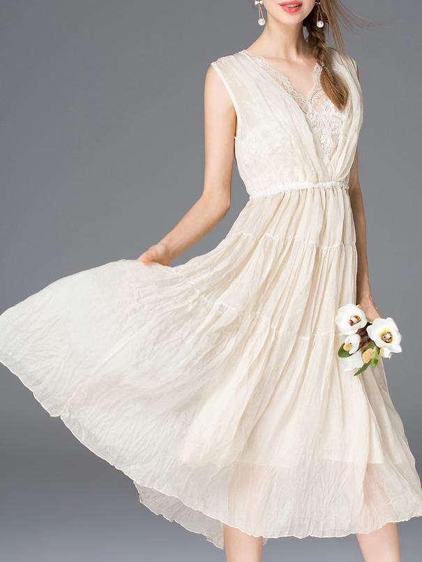 Shein Apricot V Neck Pleated Midi Lace Dress